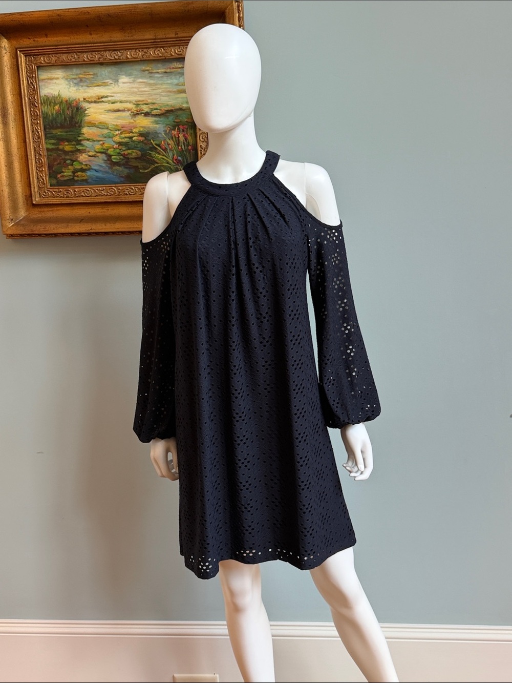 Women’s Navy Cold-Shoulder Eyelet Dress